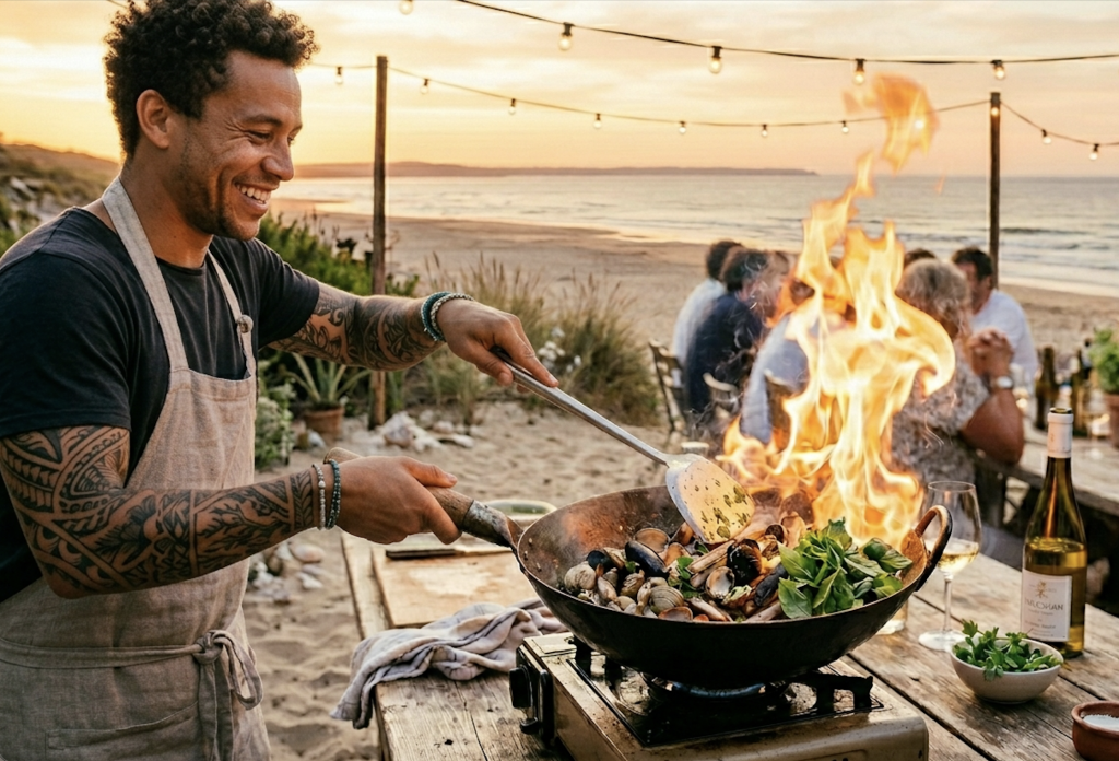 coquillages flambés au wok sur la plage, flammes vives