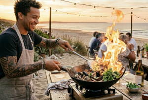 coquillages flambés au wok sur la plage, flammes vives